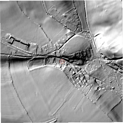 Shaded relief map of the ground around DT94LF, computed from Environment Agency LiDAR. The ground here sits at about 101 m above sea level and falls 51 m across the surrounding 800 m. Surface water reaching this point runs off ground lying to the south-west, 41.7 m higher.