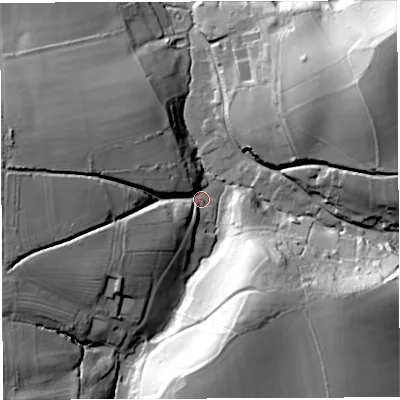 Shaded relief map of the ground around DT94SE, computed from Environment Agency LiDAR. The ground here sits at about 56 m above sea level and falls 45 m across the surrounding 800 m. Surface water reaching this point runs off ground lying to the west-north-west, 30.6 m higher.
