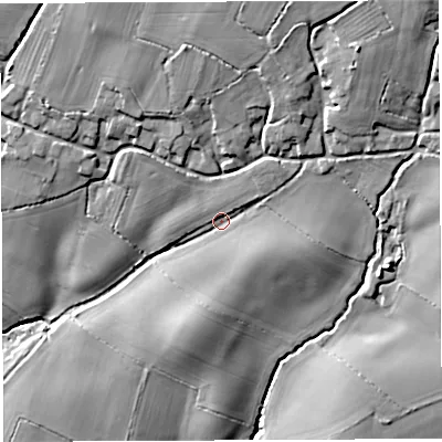 Shaded relief map of the ground around DT94SR, computed from Environment Agency LiDAR. The ground here sits at about 50 m above sea level and falls 33 m across the surrounding 800 m. Surface water reaching this point runs off ground lying to the north-east, 18.5 m higher.