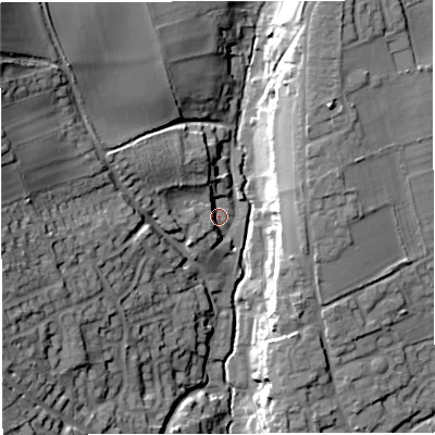 Shaded relief map of the ground around DT95AE, computed from Environment Agency LiDAR. The ground here sits at about 78 m above sea level and falls 32 m across the surrounding 800 m. Surface water reaching this point runs off ground lying to the north-west, 12.0 m higher.