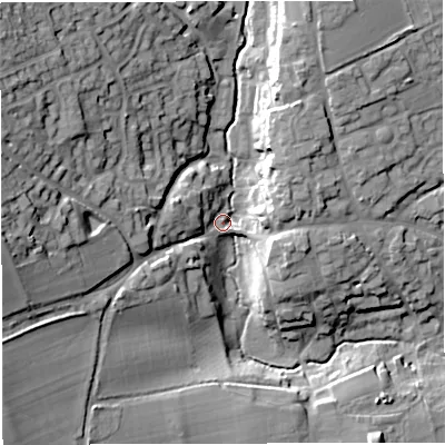 Shaded relief map of the ground around DT95AF, computed from Environment Agency LiDAR. The ground here sits at about 77 m above sea level and falls 31 m across the surrounding 800 m. Surface water reaching this point runs off ground lying to the north-east, 12.2 m higher.