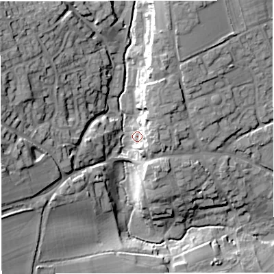 Shaded relief map of the ground around DT95AP, computed from Environment Agency LiDAR. The ground here sits at about 78 m above sea level and falls 28 m across the surrounding 800 m. Surface water reaching this point runs off ground lying to the east-north-east, 11.9 m higher.