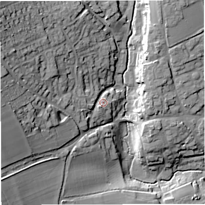 Shaded relief map of the ground around DT95AR, computed from Environment Agency LiDAR. The ground here sits at about 82 m above sea level and falls 35 m across the surrounding 800 m. Surface water reaching this point runs off ground lying to the west, 11.2 m higher.