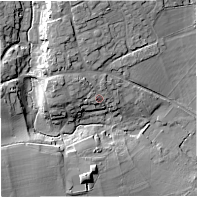 Shaded relief map of the ground around DT95DH, computed from Environment Agency LiDAR. The ground here sits at about 79 m above sea level and falls 20 m across the surrounding 800 m. Surface water reaching this point runs off ground lying to the north-west, 6.7 m higher.