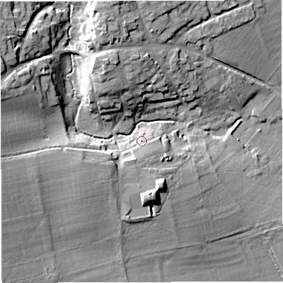 Shaded relief map of the ground around DT95DN, computed from Environment Agency LiDAR. The ground here sits at about 75 m above sea level and falls 21 m across the surrounding 800 m. Surface water reaching this point runs off ground lying to the south-south-west, 5.8 m higher.