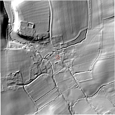 Shaded relief map of the ground around DT95DY, computed from Environment Agency LiDAR. The ground here sits at about 76 m above sea level and falls 15 m across the surrounding 800 m. Surface water reaching this point runs off ground lying to the north-east, 12.0 m higher.