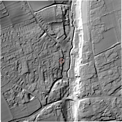 Shaded relief map of the ground around DT95EA, computed from Environment Agency LiDAR. The ground here sits at about 81 m above sea level and falls 32 m across the surrounding 800 m. Surface water reaching this point runs off ground lying to the north-west, 6.0 m higher.