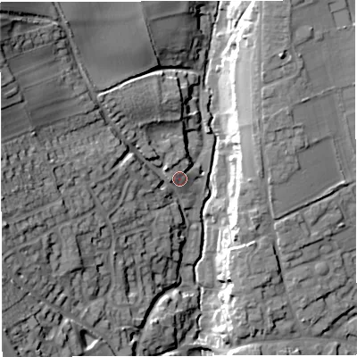 Shaded relief map of the ground around DT95EB, computed from Environment Agency LiDAR. The ground here sits at about 81 m above sea level and falls 34 m across the surrounding 800 m. Surface water reaching this point runs off ground lying to the west-north-west, 24.3 m higher.