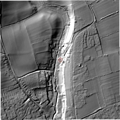 Shaded relief map of the ground around DT95ED, computed from Environment Agency LiDAR. The ground here sits at about 79 m above sea level and falls 30 m across the surrounding 800 m. Surface water reaching this point runs off ground lying to the north-west, 27.0 m higher.