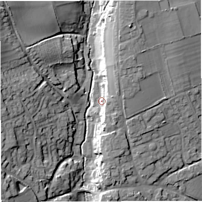 Shaded relief map of the ground around DT95GA, computed from Environment Agency LiDAR. The ground here sits at about 80 m above sea level and falls 24 m across the surrounding 800 m. Surface water reaching this point runs off ground lying to the east, 10.3 m higher.
