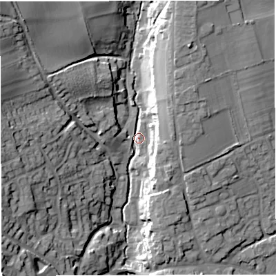 Shaded relief map of the ground around DT95GB, computed from Environment Agency LiDAR. The ground here sits at about 78 m above sea level and falls 26 m across the surrounding 800 m. Surface water reaching this point runs off ground lying to the north-west, 24.4 m higher.