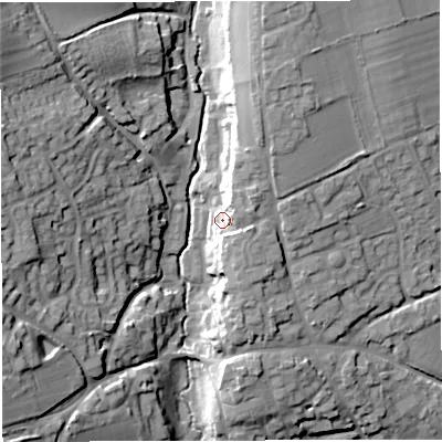 Shaded relief map of the ground around DT95HL, computed from Environment Agency LiDAR. The ground here sits at about 81 m above sea level and falls 25 m across the surrounding 800 m. Surface water reaching this point runs off ground lying to the north-east, 11.2 m higher.