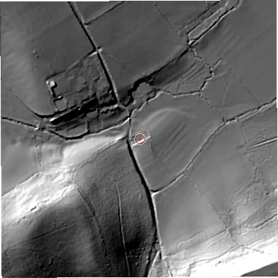 Shaded relief map of the ground around DT95JD, computed from Environment Agency LiDAR. The ground here sits at about 64 m above sea level and falls 57 m across the surrounding 800 m. Surface water reaching this point runs off ground lying to the south-south-east, 1.8 m higher.
