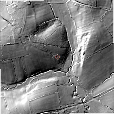 Shaded relief map of the ground around DT95JT, computed from Environment Agency LiDAR. The ground here sits at about 72 m above sea level and falls 21 m across the surrounding 800 m. Surface water reaching this point runs off ground lying to the west-north-west, 13.4 m higher.
