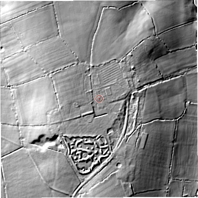 Shaded relief map of the ground around DT95LD, computed from Environment Agency LiDAR. The ground here sits at about 84 m above sea level and falls 21 m across the surrounding 800 m. Surface water reaching this point runs off ground lying to the south-west, 2.0 m higher.