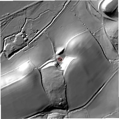 Shaded relief map of the ground around DT95NP, computed from Environment Agency LiDAR. The ground here sits at about 55 m above sea level and falls 33 m across the surrounding 800 m. Surface water reaching this point runs off ground lying to the south-east, 20.0 m higher.