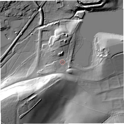Shaded relief map of the ground around DT95NR, computed from Environment Agency LiDAR. The ground here sits at about 60 m above sea level and falls 38 m across the surrounding 800 m. Surface water reaching this point runs off ground lying to the south, 12.0 m higher.