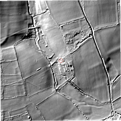 Shaded relief map of the ground around DT95PF, computed from Environment Agency LiDAR. The ground here sits at about 85 m above sea level and falls 23 m across the surrounding 800 m. Surface water reaching this point runs off ground lying to the north-east, 5.4 m higher.