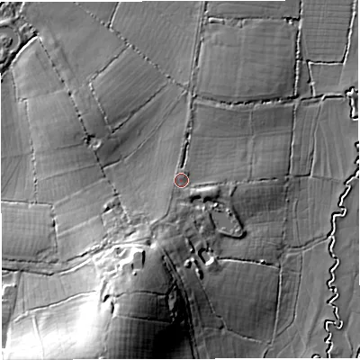 Shaded relief map of the ground around DT95PJ, computed from Environment Agency LiDAR. The ground here sits at about 76 m above sea level and falls 20 m across the surrounding 800 m. Surface water reaching this point runs off ground lying to the south-south-west, 4.9 m higher.