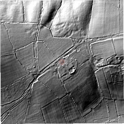 Shaded relief map of the ground around DT95PN, computed from Environment Agency LiDAR. The ground here sits at about 84 m above sea level and falls 19 m across the surrounding 800 m. Surface water reaching this point runs off ground lying to the west-south-west, 1.1 m higher.