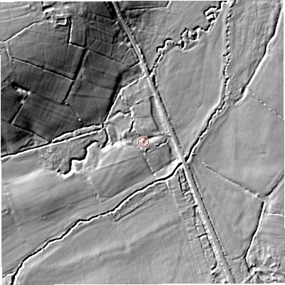 Shaded relief map of the ground around DT95PU, computed from Environment Agency LiDAR. The ground here sits at about 79 m above sea level and falls 14 m across the surrounding 800 m. Surface water reaching this point runs off ground lying to the south-west, 1.7 m higher.