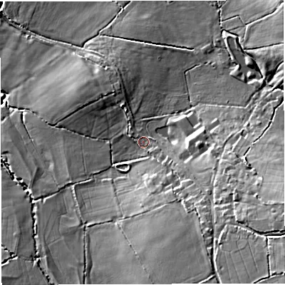 Shaded relief map of the ground around DT95PZ, computed from Environment Agency LiDAR. The ground here sits at about 86 m above sea level and falls 23 m across the surrounding 800 m. Surface water reaching this point runs off ground lying to the south-east, 13.5 m higher.