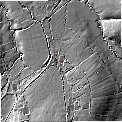Shaded relief map of the ground around DT95QL, computed from Environment Agency LiDAR. The ground here sits at about 100 m above sea level and falls 19 m across the surrounding 800 m. Surface water reaching this point runs off ground lying to the south, 8.9 m higher.