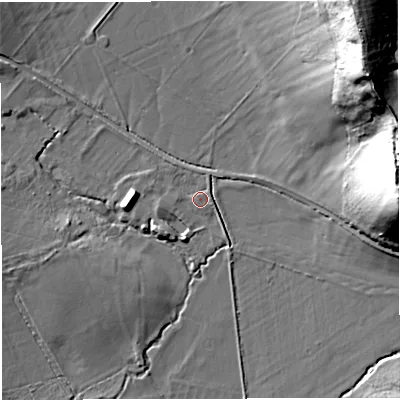 Shaded relief map of the ground around DT95RA, computed from Environment Agency LiDAR. The ground here sits at about 69 m above sea level and falls 44 m across the surrounding 800 m. Surface water reaching this point runs off ground lying to the west, 4.7 m higher.