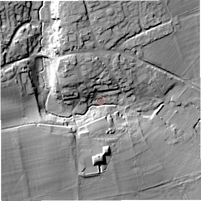 Shaded relief map of the ground around DT95RB, computed from Environment Agency LiDAR. The ground here sits at about 73 m above sea level and falls 19 m across the surrounding 800 m. Surface water reaching this point runs off ground lying to the west-north-west, 16.6 m higher.