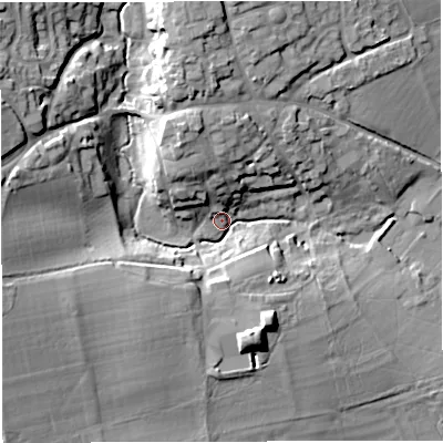 Shaded relief map of the ground around DT95RF, computed from Environment Agency LiDAR. The ground here sits at about 73 m above sea level and falls 22 m across the surrounding 800 m. Surface water reaching this point runs off ground lying to the west-north-west, 18.9 m higher.