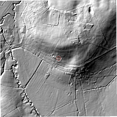 Shaded relief map of the ground around DT96HA, computed from Environment Agency LiDAR. The ground here sits at about 92 m above sea level and falls 19 m across the surrounding 800 m. Surface water reaching this point runs off ground lying to the north-north-east, 9.1 m higher.