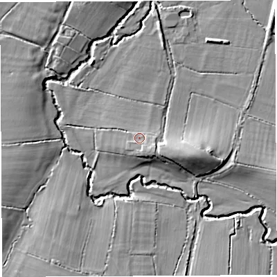 Shaded relief map of the ground around DT96HF, computed from Environment Agency LiDAR. The ground here sits at about 44 m above sea level and falls 11 m across the surrounding 800 m. Surface water reaching this point runs off ground lying to the south-east, 2.8 m higher.