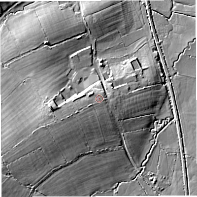 Shaded relief map of the ground around DT96HQ, computed from Environment Agency LiDAR. The ground here sits at about 63 m above sea level and falls 18 m across the surrounding 800 m. Surface water reaching this point runs off ground lying to the west-south-west, 2.9 m higher.