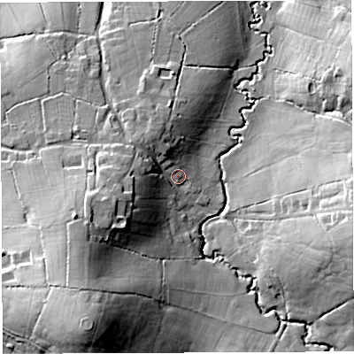 Shaded relief map of the ground around DT96HW, computed from Environment Agency LiDAR. The ground here sits at about 77 m above sea level and falls 33 m across the surrounding 800 m. Surface water reaching this point runs off ground lying to the west-south-west, 14.3 m higher.