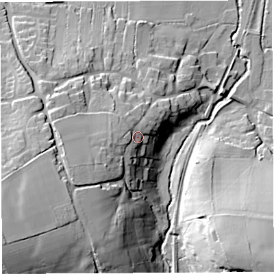 Shaded relief map of the ground around DT96LG, computed from Environment Agency LiDAR. The ground here sits at about 64 m above sea level and falls 43 m across the surrounding 800 m. Surface water reaching this point runs off ground lying to the south-west, 15.7 m higher.