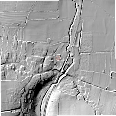 Shaded relief map of the ground around DT96LH, computed from Environment Agency LiDAR. The ground here sits at about 50 m above sea level and falls 33 m across the surrounding 800 m. Surface water reaching this point runs off ground lying to the south-west, 7.8 m higher.