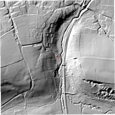 Shaded relief map of the ground around DT96ND, computed from Environment Agency LiDAR. The ground here sits at about 51 m above sea level and falls 39 m across the surrounding 800 m. Surface water reaching this point runs off ground lying to the west, 37.6 m higher.