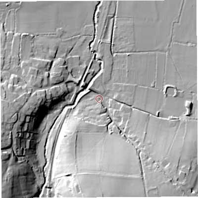 Shaded relief map of the ground around DT96NF, computed from Environment Agency LiDAR. The ground here sits at about 49 m above sea level and falls 32 m across the surrounding 800 m. Surface water reaching this point runs off ground lying to the south, 29.0 m higher.