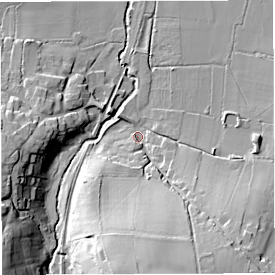 Shaded relief map of the ground around DT96NG, computed from Environment Agency LiDAR. The ground here sits at about 49 m above sea level and falls 33 m across the surrounding 800 m. Surface water reaching this point runs off ground lying to the south, 29.6 m higher.