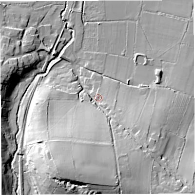 Shaded relief map of the ground around DT96NH, computed from Environment Agency LiDAR. The ground here sits at about 56 m above sea level and falls 32 m across the surrounding 800 m. Surface water reaching this point runs off ground lying to the south-south-west, 25.1 m higher.