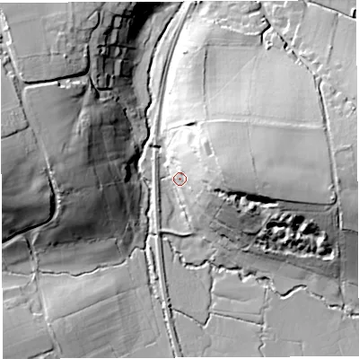 Shaded relief map of the ground around DT96NJ, computed from Environment Agency LiDAR. The ground here sits at about 56 m above sea level and falls 35 m across the surrounding 800 m. Surface water reaching this point runs off ground lying to the east-north-east, 27.5 m higher.
