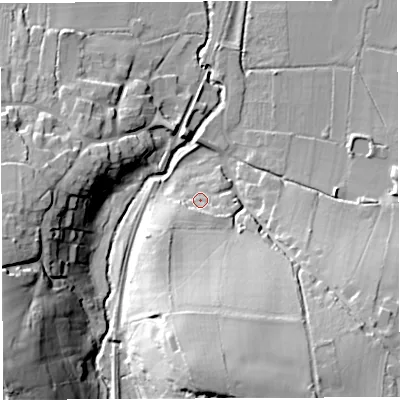 Shaded relief map of the ground around DT96NQ, computed from Environment Agency LiDAR. The ground here sits at about 53 m above sea level and falls 33 m across the surrounding 800 m. Surface water reaching this point runs off ground lying to the south, 26.6 m higher.