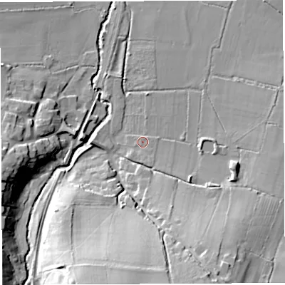 Shaded relief map of the ground around DT96NR, computed from Environment Agency LiDAR. The ground here sits at about 50 m above sea level and falls 29 m across the surrounding 800 m. Surface water reaching this point runs off ground lying to the north-north-east, 1.3 m higher.