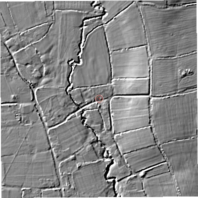 Shaded relief map of the ground around DT96NX, computed from Environment Agency LiDAR. The ground here sits at about 65 m above sea level and falls 12 m across the surrounding 800 m. Surface water reaching this point runs off ground lying to the east-south-east, 8.0 m higher.