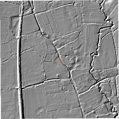 Shaded relief map of the ground around DT96NY, computed from Environment Agency LiDAR. The ground here sits at about 62 m above sea level and falls 13 m across the surrounding 800 m. Surface water reaching this point runs off ground lying to the south-south-east, 5.5 m higher.