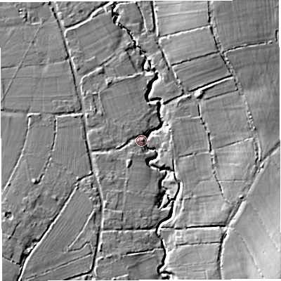 Shaded relief map of the ground around DT96PB, computed from Environment Agency LiDAR. The ground here sits at about 68 m above sea level and falls 20 m across the surrounding 800 m. Surface water reaching this point runs off ground lying to the south-east, 17.3 m higher.