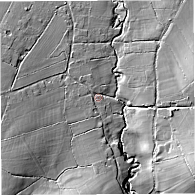 Shaded relief map of the ground around DT96PE, computed from Environment Agency LiDAR. The ground here sits at about 73 m above sea level and falls 25 m across the surrounding 800 m. Surface water reaching this point runs off ground lying to the south, 8.4 m higher.