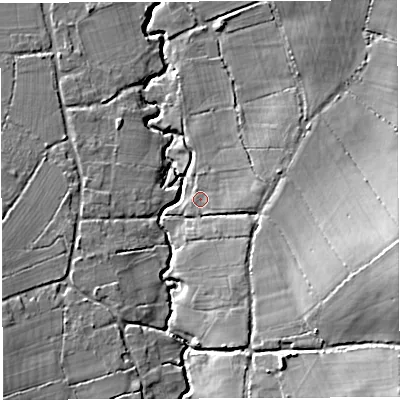 Shaded relief map of the ground around DT96PL, computed from Environment Agency LiDAR. The ground here sits at about 71 m above sea level and falls 25 m across the surrounding 800 m. Surface water reaching this point runs off ground lying to the east-south-east, 3.5 m higher.