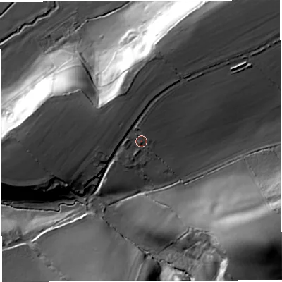 Shaded relief map of the ground around DT96PT, computed from Environment Agency LiDAR. The ground here sits at about 65 m above sea level and falls 47 m across the surrounding 800 m. Surface water reaching this point runs off ground lying to the north-north-west, 3.1 m higher.