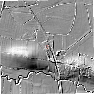Shaded relief map of the ground around DT96QP, computed from Environment Agency LiDAR. The ground here sits at about 46 m above sea level and falls 16 m across the surrounding 800 m. Surface water reaching this point runs off ground lying to the south-south-east, 6.7 m higher.